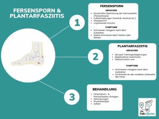 Infografik über Fersensporn und Plantarfasziitis und Informationen zu den Ursachen, Symptomen und Behandlung mit Einlagen